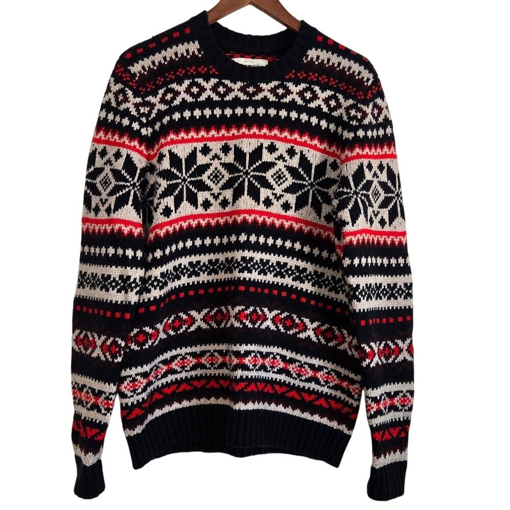 Nordic Inspired Fair Isle Snowflake Wool Blend Sweater Cabincore Ski Lounge L